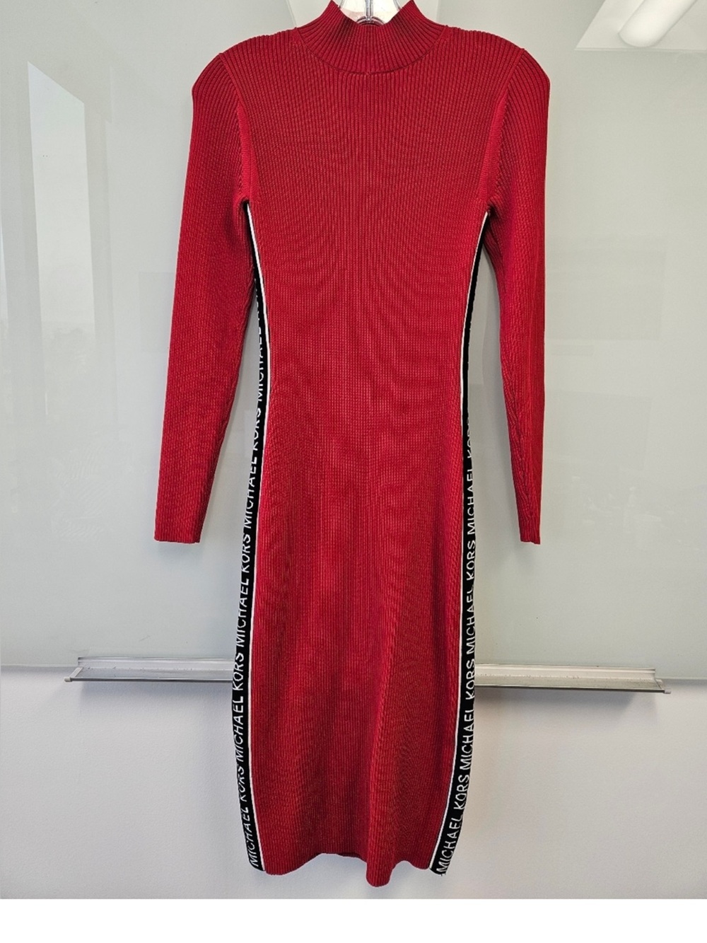 Michael Kors Crimson Ribbed Long Sleeve Midi Dress with Logo Side Trim